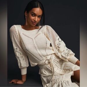 Anthropologie women's Eyelet Lace Sweater Ivory XS balloon embroidered sleeves